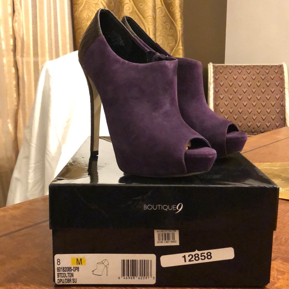 Boutique 9 purple suede peep toe bootie